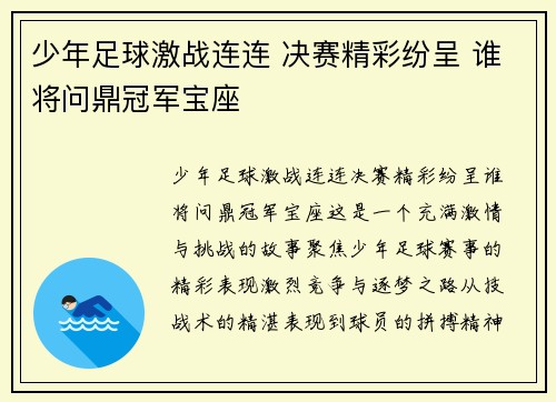 少年足球激战连连 决赛精彩纷呈 谁将问鼎冠军宝座