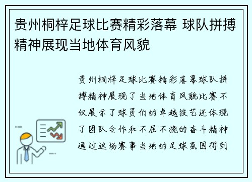 贵州桐梓足球比赛精彩落幕 球队拼搏精神展现当地体育风貌